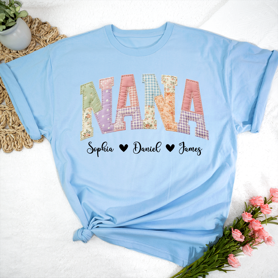 Personalized NANA Shirt – Cute Patchwork Design with Names of Loved Ones, Perfect for Grandmother
