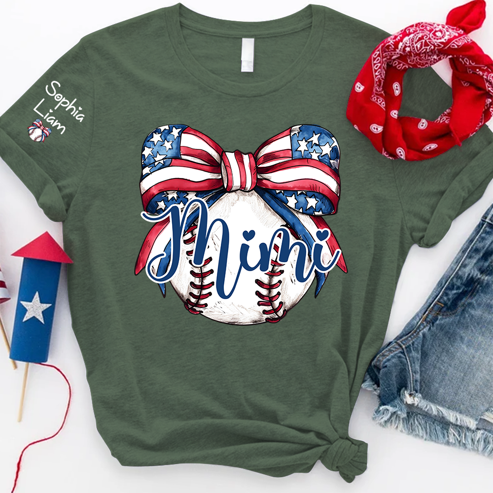 Personalized Mimi Baseball Shirt, Custom Grandma Baseball Bow T Shirt with Kids Names, Patriotic Family Gift for 4th of July