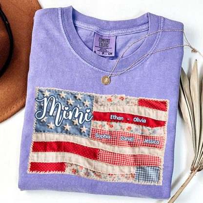 Comfort Colors Personalized Mimi Shirt with Family Names, Custom American Flag Design, Ideal Gift for Grandmother