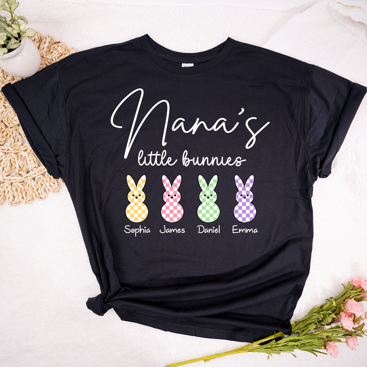 Personalized Nana Easter Shirt With Bunny Names, Nana’s Little Bunnies Custom Grandma T Shirt