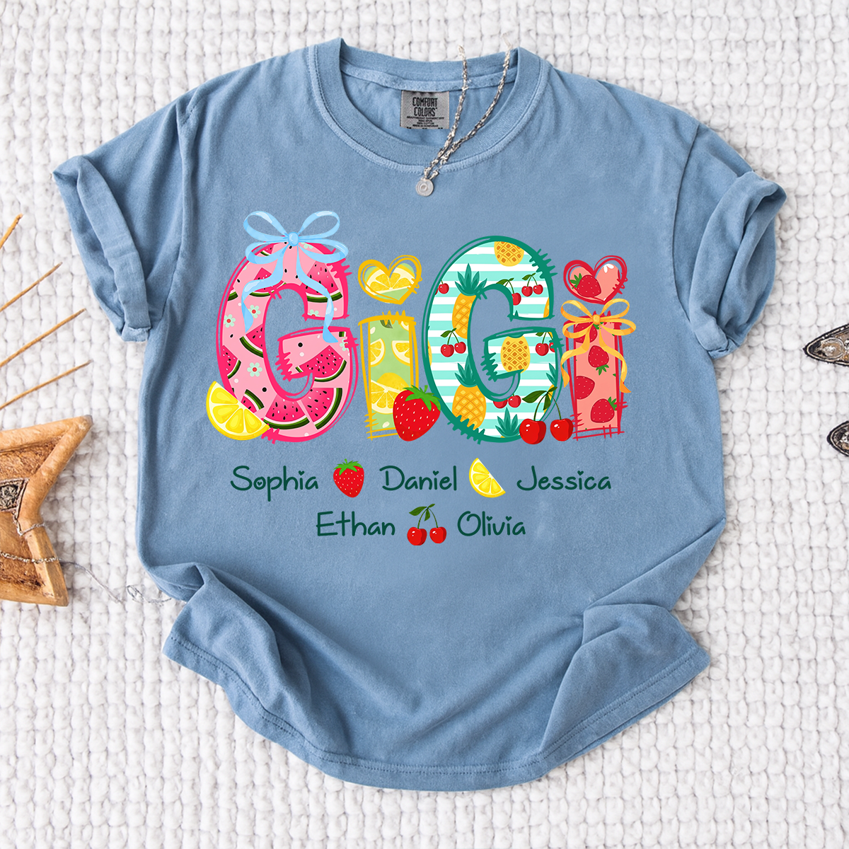 Comfort Colors Custom Gigi Shirt for Grandma, Personalized Family Name T Shirt, Summer Fruit Graphic Tee with Kids Names