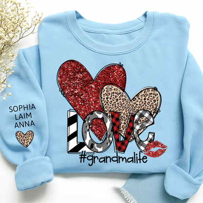 Custom Grandma Life Love Sweatshirt, Leopard & Glitter Heart Design For Grandma And Kids