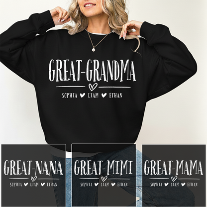 Personalized Great-Grandma Heart Sweatshirt, Customized Gifts for Grandma and Kids
