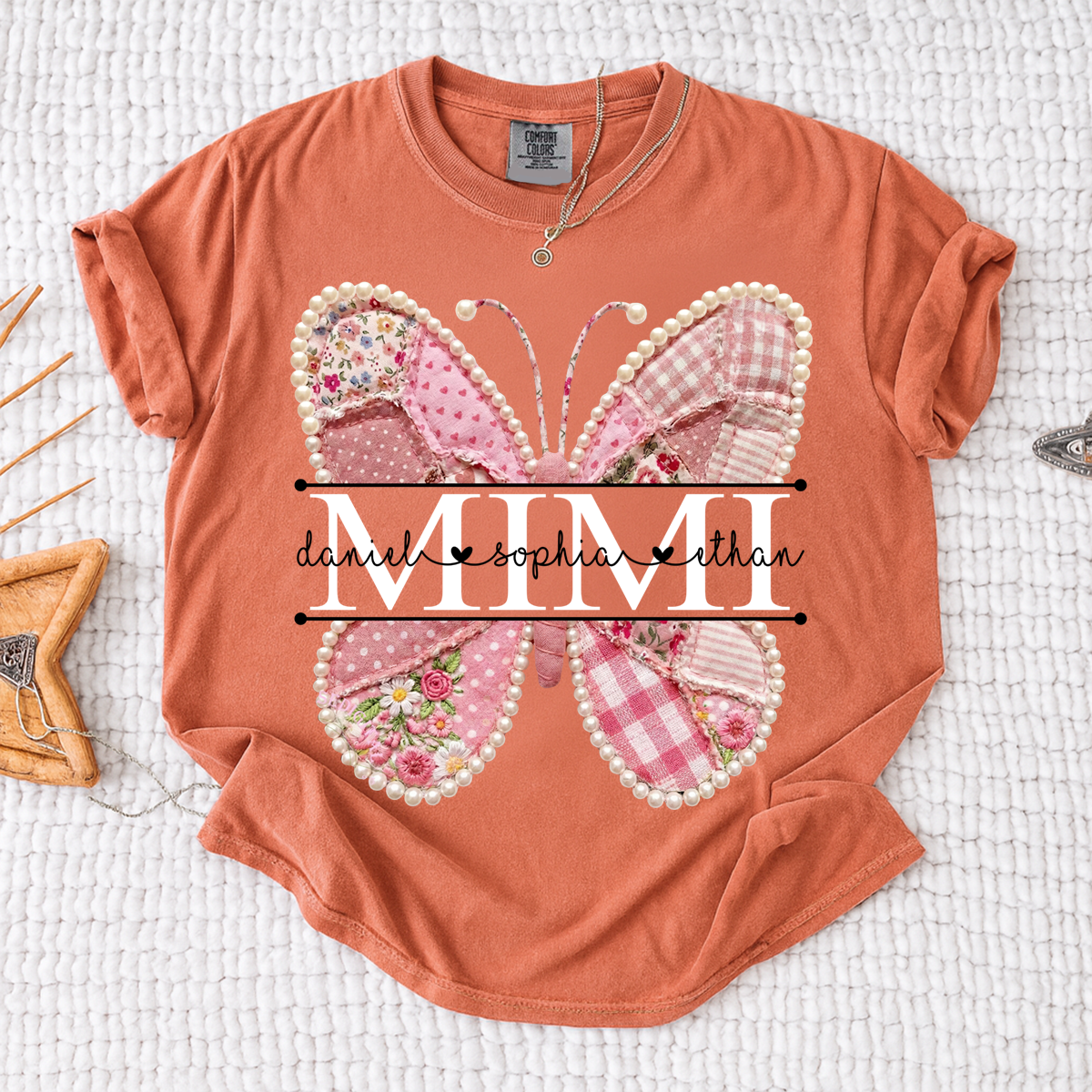 Comfort Personalized Mimi Shirt with Grandkids Names, Pink Butterfly Patchwork Design Family Tee