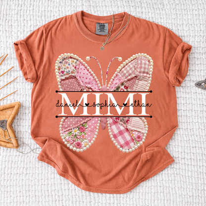 Comfort Personalized Mimi Shirt with Grandkids Names, Pink Butterfly Patchwork Design Family Tee