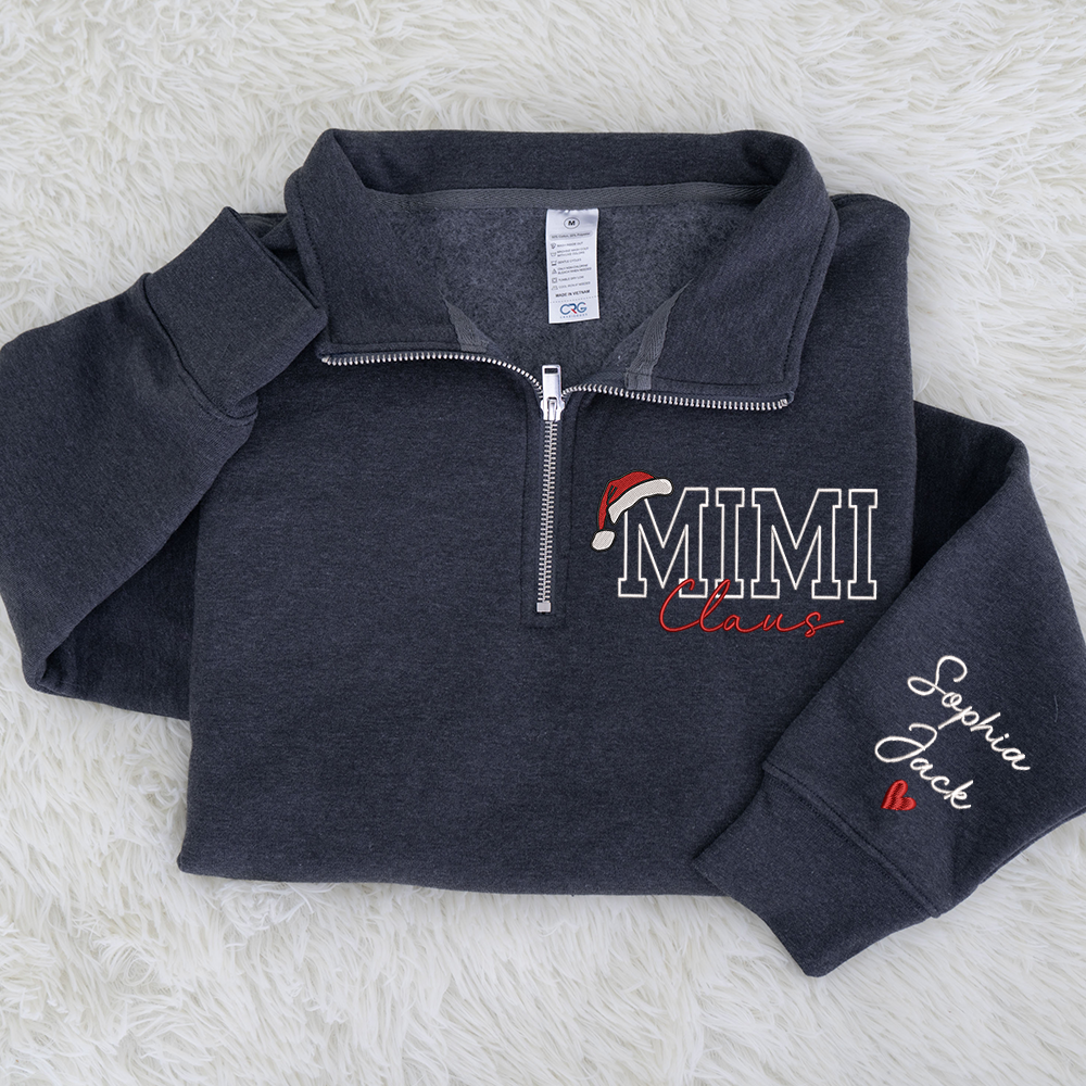 Personalized Christmas Mimi Claus Zip Sweatshirt – Custom Grandma Embroidered Gift With Kids Names On Sleeve