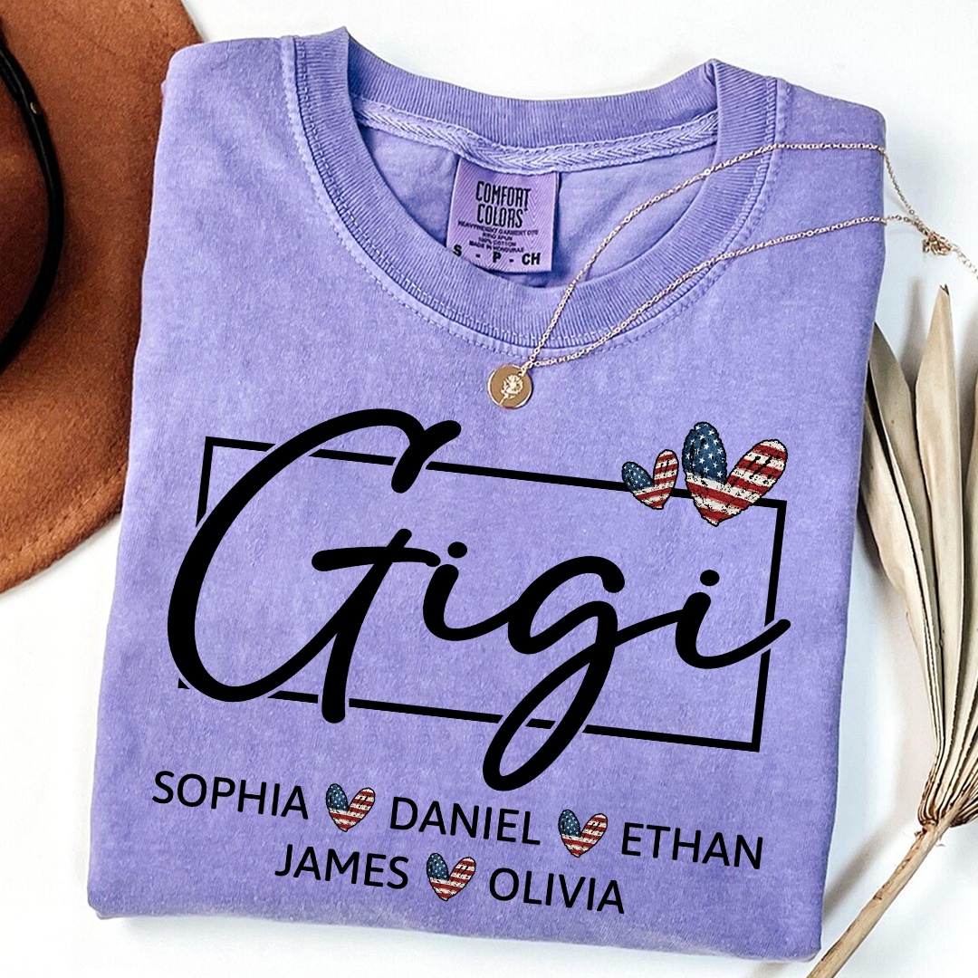 Comfort Colors Personalized Gigi Shirt with Children Names USA Flag Heart Graphic Custom Grandma Tee Stylish Script Design Family Gift Shirt