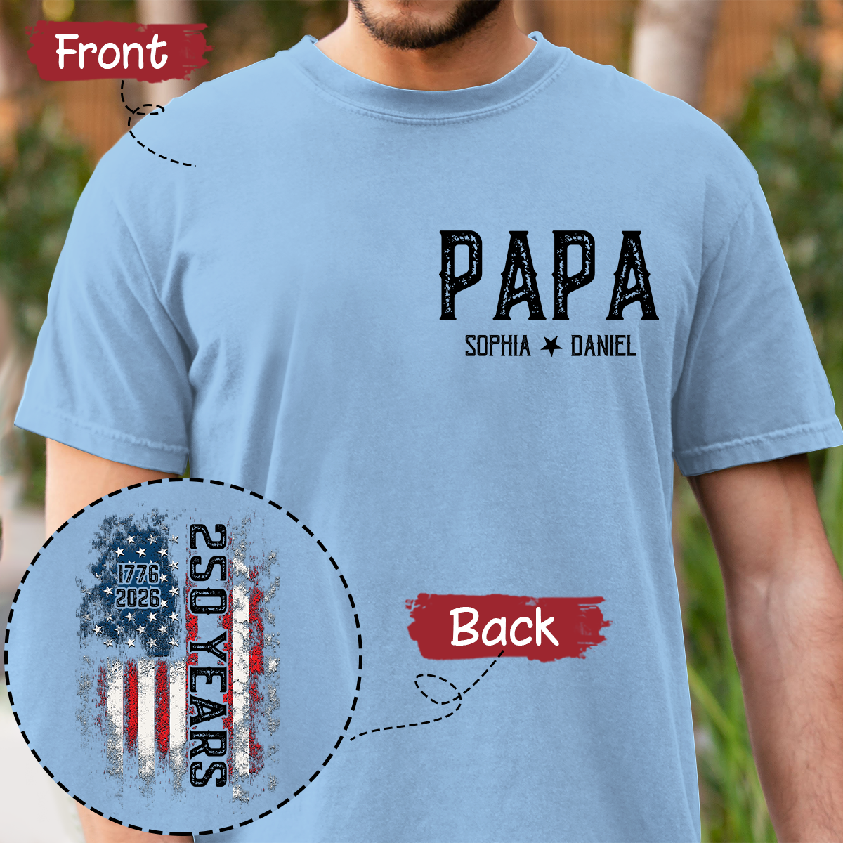 Personalized Family T Shirt for Papa, American Flag Design, Custom Family Names, 250th Anniversary Patriotic Gift