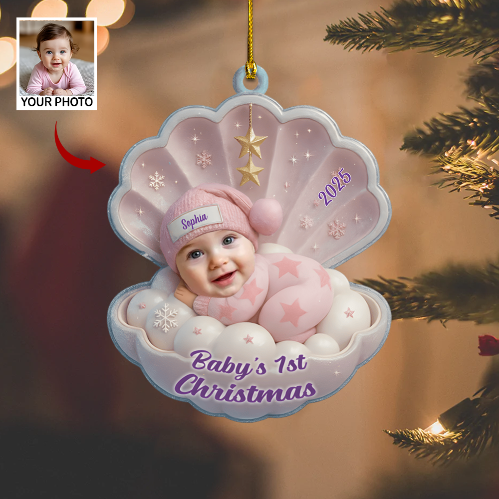 Custom Baby Ornament 2025 – Baby’s First Christmas Shell Ornament, Personalized Name Gift for New Parents Ornament