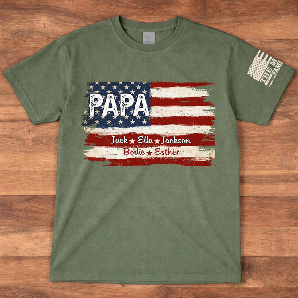 Personalized Papa American Flag Shirt, Custom Dad T-Shirt with Kids Names, Patriotic Family Gift