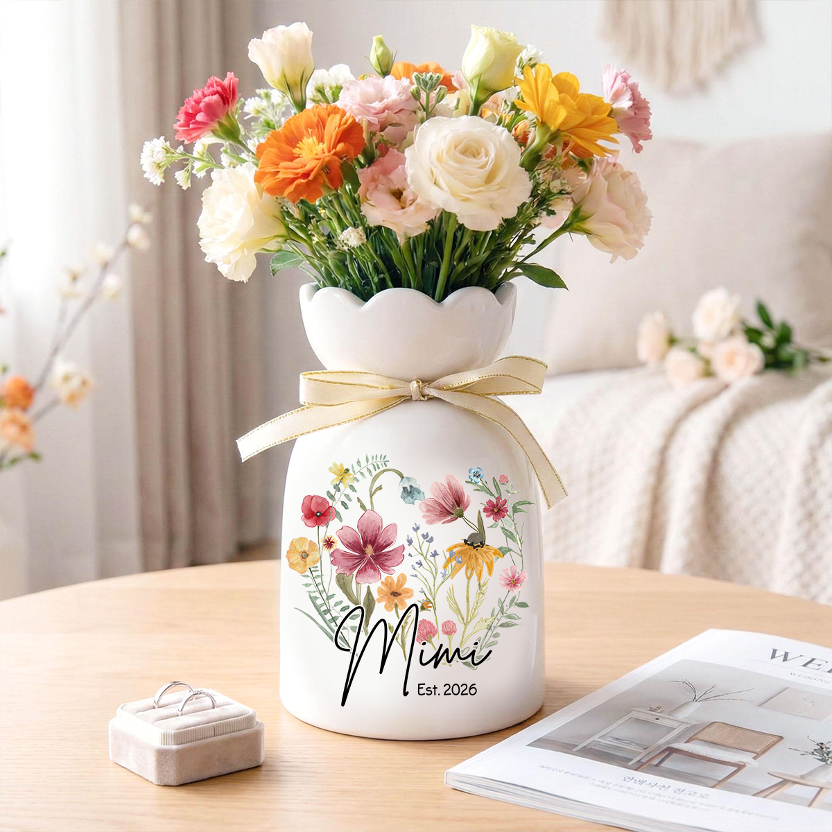 Custom Mimi Flower Vase, Personalized Ceramic Vase with Family Names, Ideal Gift for Nana