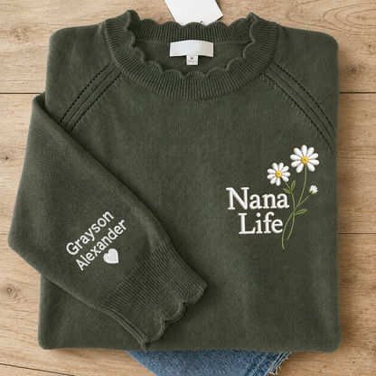 Custom Embroidered Knit Nana Life Sweater – Personalized Daisy Floral Crewneck with Sleeve Name