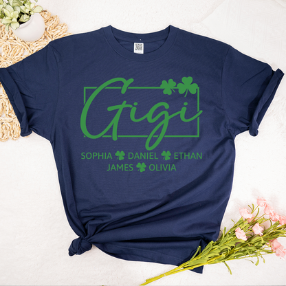 Personalized Gigi Shirt St Patricks Day Shamrock Design, Custom Grandma Shirt With Kids Names