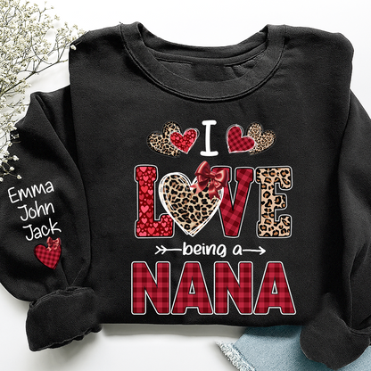 I Love Being a Nana Sweatshirt, Leopard and Plaid Heart Valentine Family Crewneck