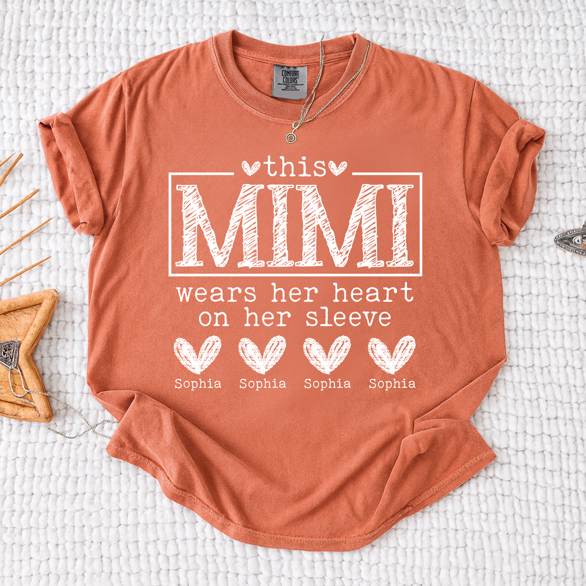Comfort Colors Custom Mimi Shirt, This Mimi Wears Her Heart on Her Sleeve  with Grandkids Names, Idea Gift for Mother's Day, Birthday