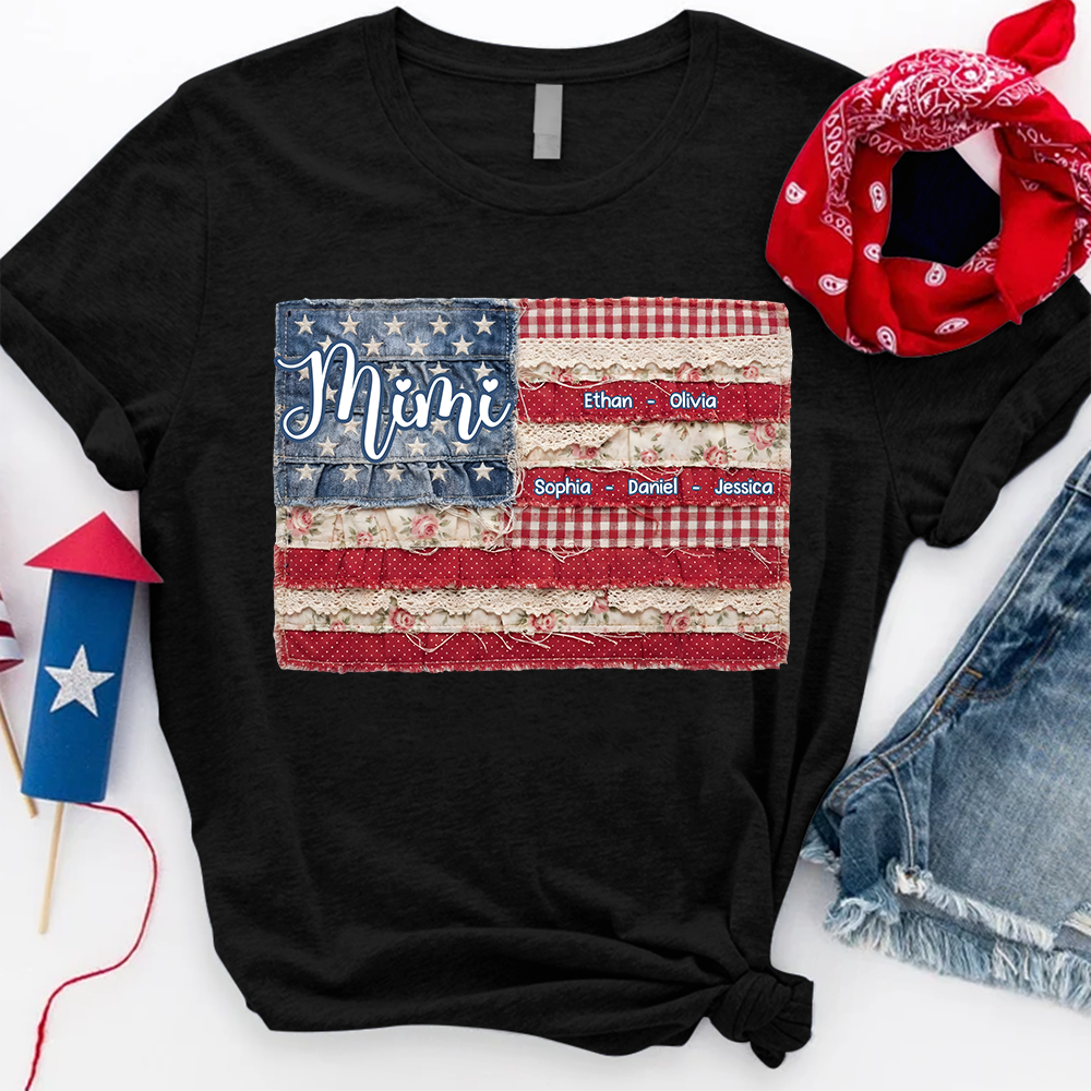 Personalized Mimi Shirt with Kids Names Patriotic American Flag Patchwork Design Custom Gift for Mom Grandma