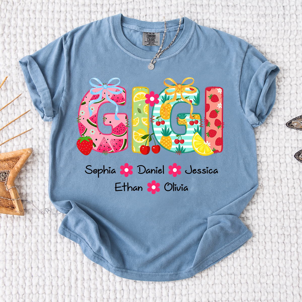 Comfort Colors Personalized Gigi Summer Shirt, Custom Grandma T Shirt with Grandkids Names, Fruit Pattern Family Tee for Gigi Nana Mimi