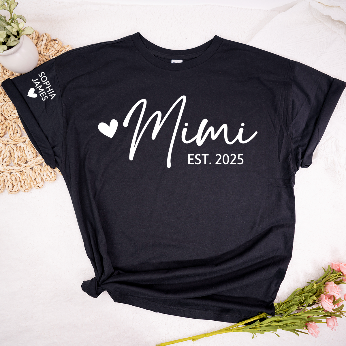 Mimi EST 2025 T-Shirt, Custom Grandma Shirt with Heart, Personalized Family Role Apparel for Her