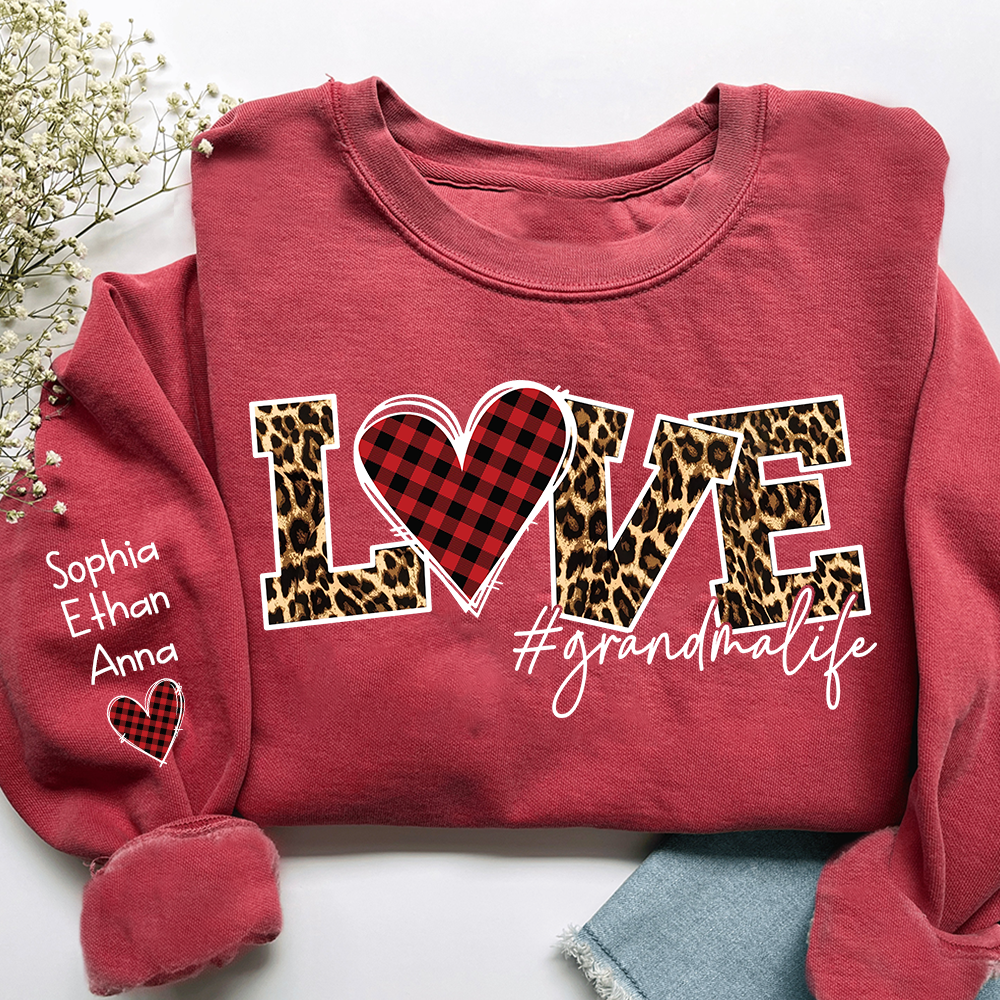 Grandma Sweatshirt Personalized with Names, Love Leopard Print Heart, Cozy Family Crewneck for Grandma