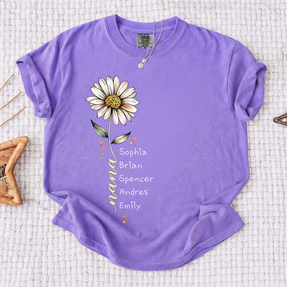 Comfort Colors Personalized Grandma Shirt Daisy Flower Design Custom Nana Mimi Gigi Name Tee with Grandkids Names Vertical Style Family Outfit for Women