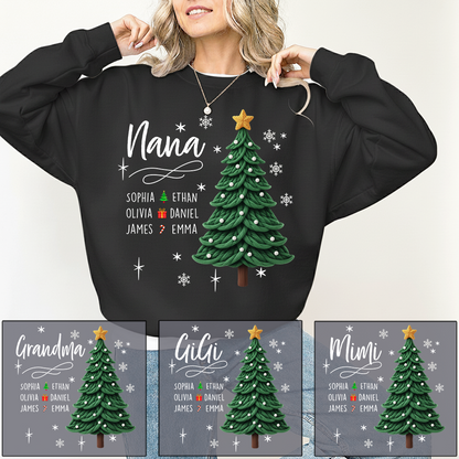 Nana Christmas Sweatshirt with Grandkids’ Names, Cute Tree Holiday Gift