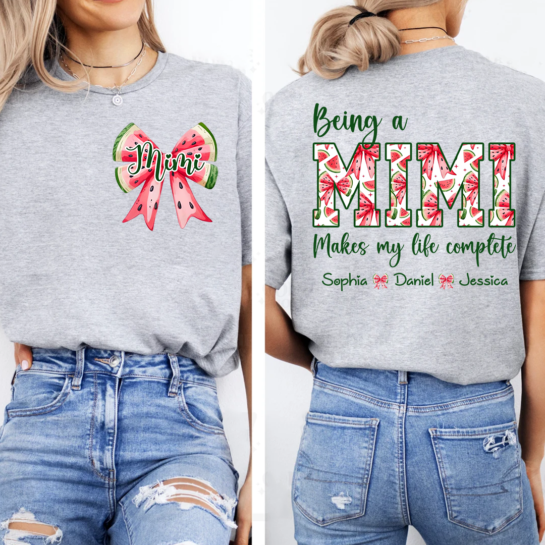 Mimi Custom Family Tee, Cute Watermelon Bow Shirt with Children’s Names, Gift for Mom Nana or Grandma