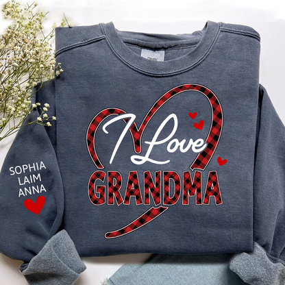 Custom Grandma Sweatshirt with Grandchildren Names, I Love Grandma Plaid Heart Crewneck