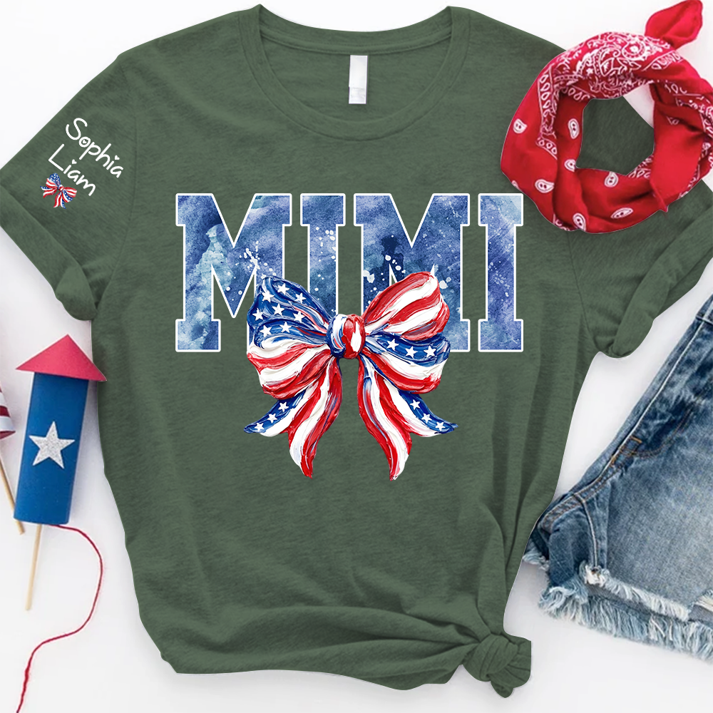 Custom Mimi Shirt with Sleeve Names, American Flag Bow Graphic Tee, Patriotic Grandma Independence Day Apparel