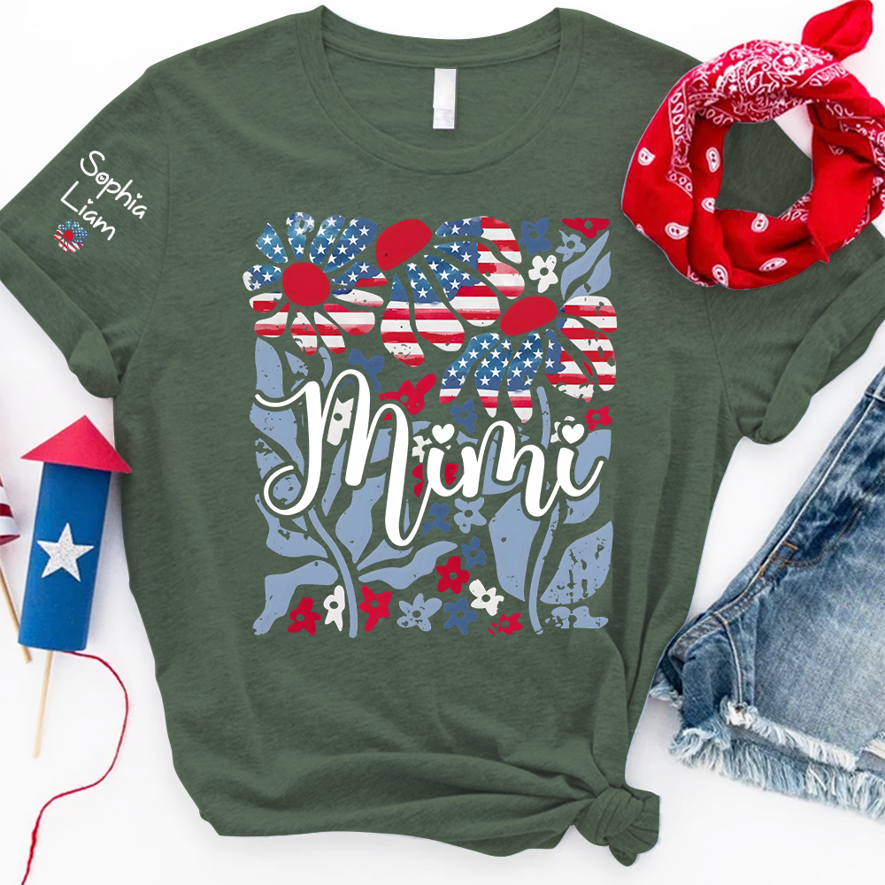 Custom Mimi Shirt with Patriotic Flowers and American Flag, Personalized Gift for Mom, Mother's Day T Shirt