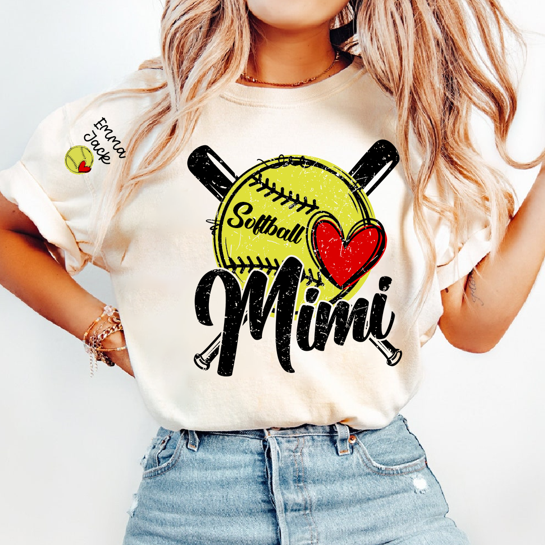 Mimi Softball Shirt with Heart Design, Personalized Family T Shirt with Custom Names
