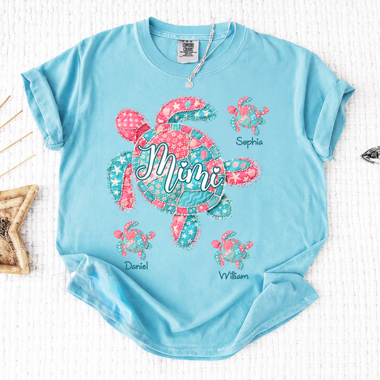 Comfort Colors Mimi Sea Turtle Shirt, Personalized Grandchildren Names T-Shirt, Coastal Grandma Beach Vacation Family Tee