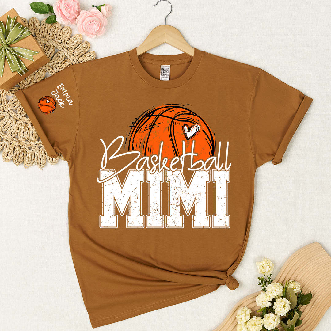 Custom Basketball Mimi Shirt with Heart and Ball Graphic, Personalized Family Names