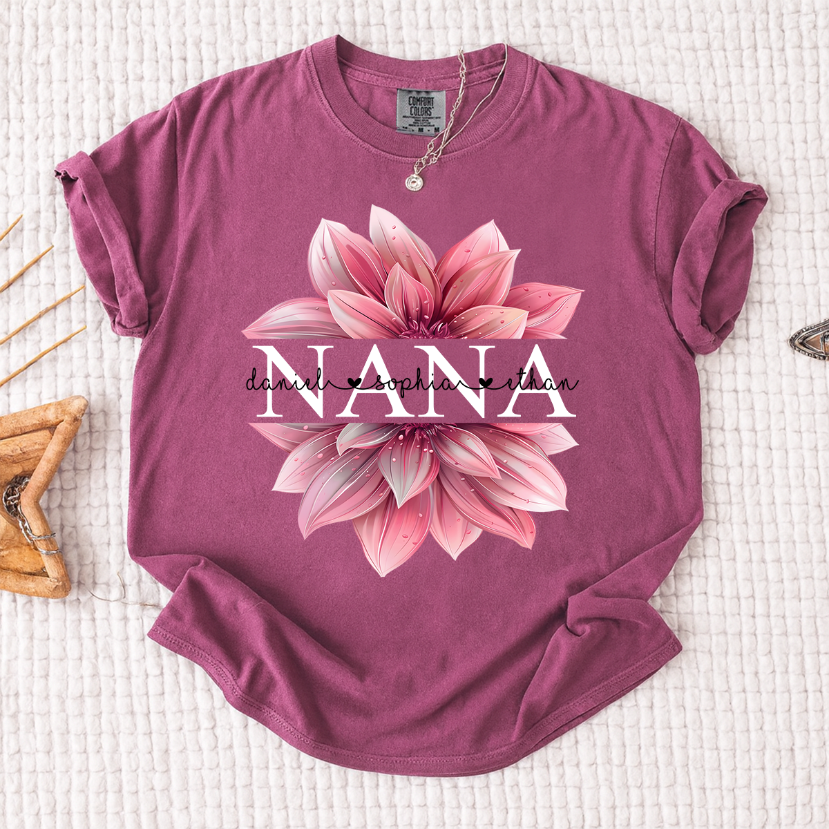 Comfort Colors Personalized Nana Shirt with Pink Lotus Flower Design, Custom Gift for Grandma with Grandkids Names