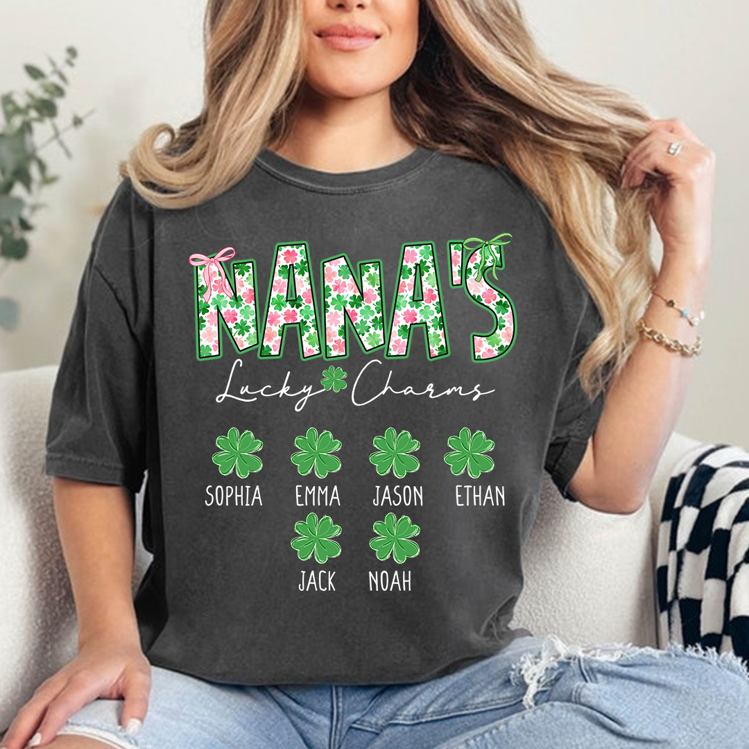 Nana’s Lucky Charms Shirt, Personalized St Patrick’s Day Shamrock Family T-Shirt