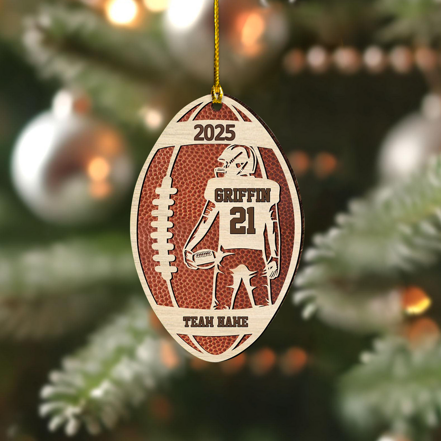 Personalized Wooden Football Ornament, Custom Name & Team Sports Christmas Decoration Wooden Ornament