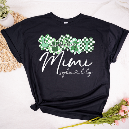 Custom Mimi Shirt with Grandchildren Names, Lucky Clover St Patrick’s Day Grandma Tee, Personalized Irish Style Family Shirt