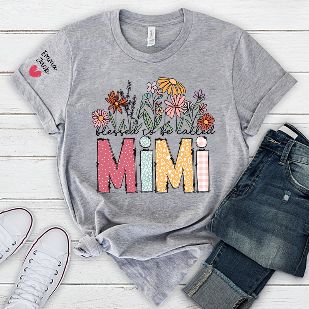 Blessed to Be Called Mimi Shirt Personalized with Grandkids Names, Floral Design