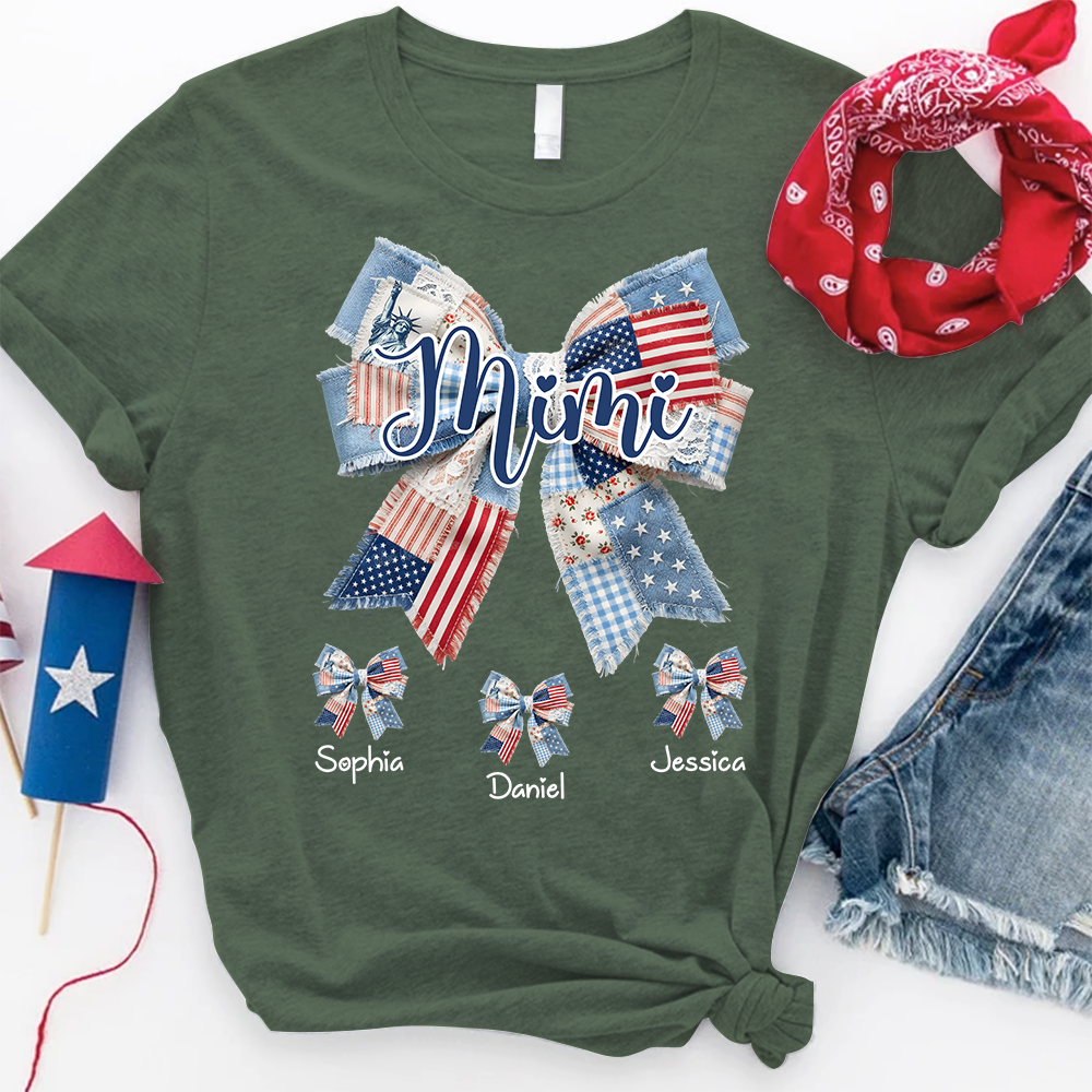 Custom Mimi Tee with Children’s Names, Patriotic Patchwork Bow Shirt, Perfect Gift for Grandma Holidays or Birthday