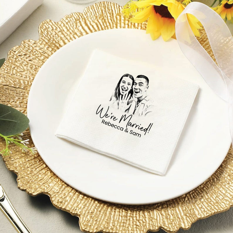 Personalized Sketched Wedding  Napkins, Elegant Gifts for Couple, Engagement Party, Custom Paper Beverage, Engagement