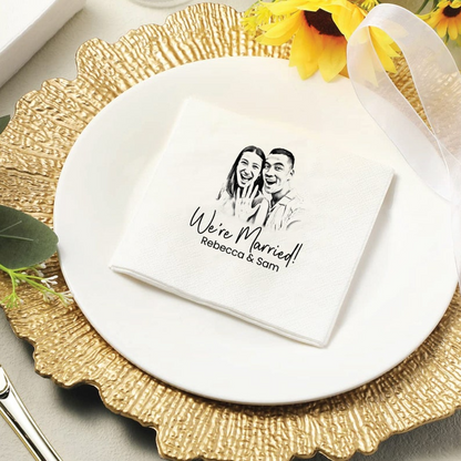 Personalized Sketched Wedding  Napkins, Elegant Gifts for Couple, Engagement Party, Custom Paper Beverage, Engagement
