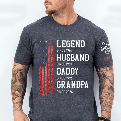 Personalized American Flag Printed T-Shirt For Husband, Father, Grandfather, With Custom Names Of Grandchildren