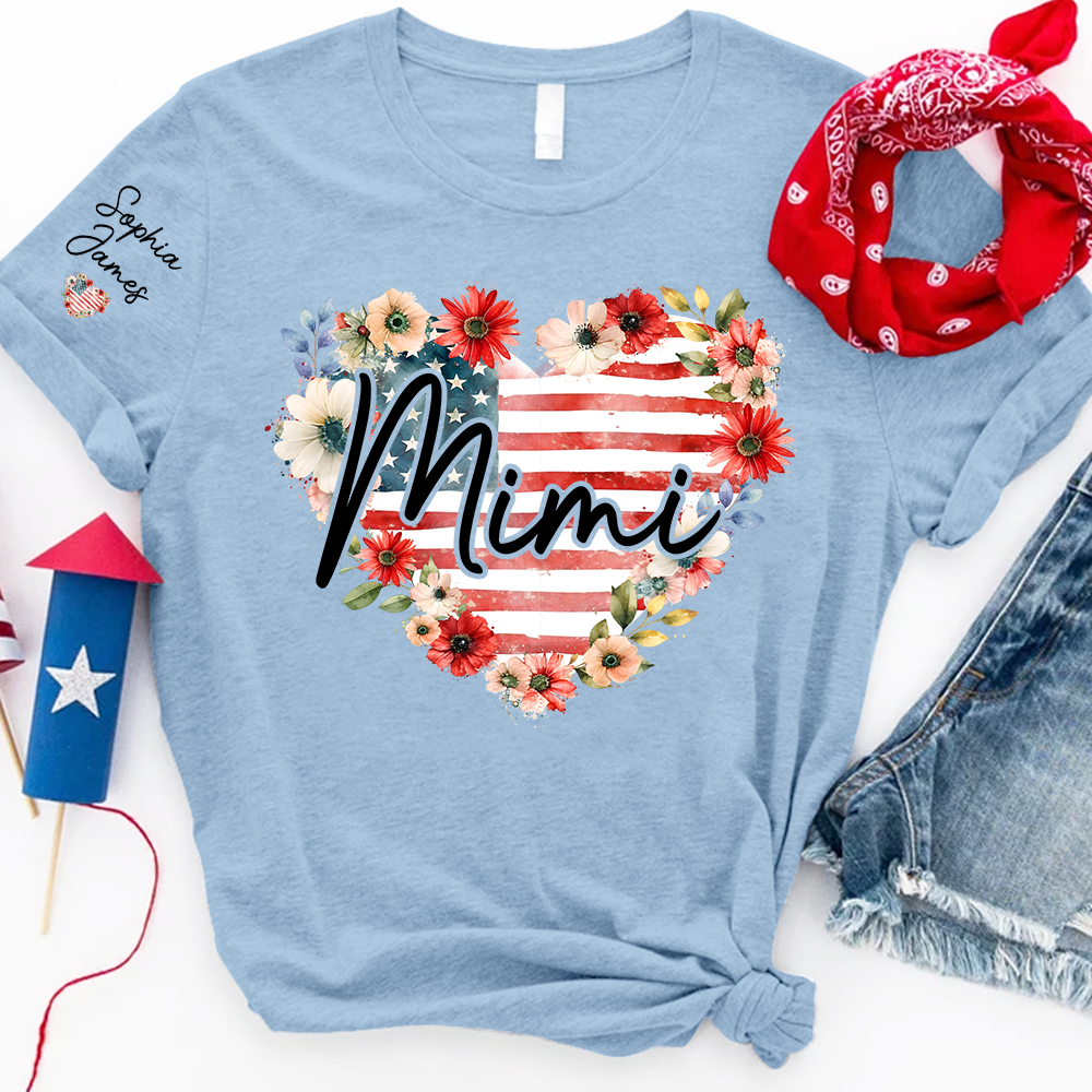 Floral Heart Mimi Shirt – Personalized Family Names with American Flag Design, Great Gift for Mimi
