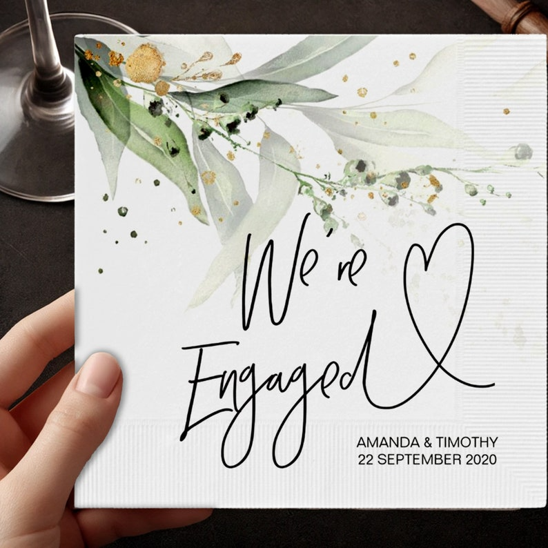 We're Engaged Napkins, Personalized Engagement Napkins, Cocktail Napkins, Bridal Shower Napkins, Cocktail Luncheon Napkins, Luncheon Napkins
