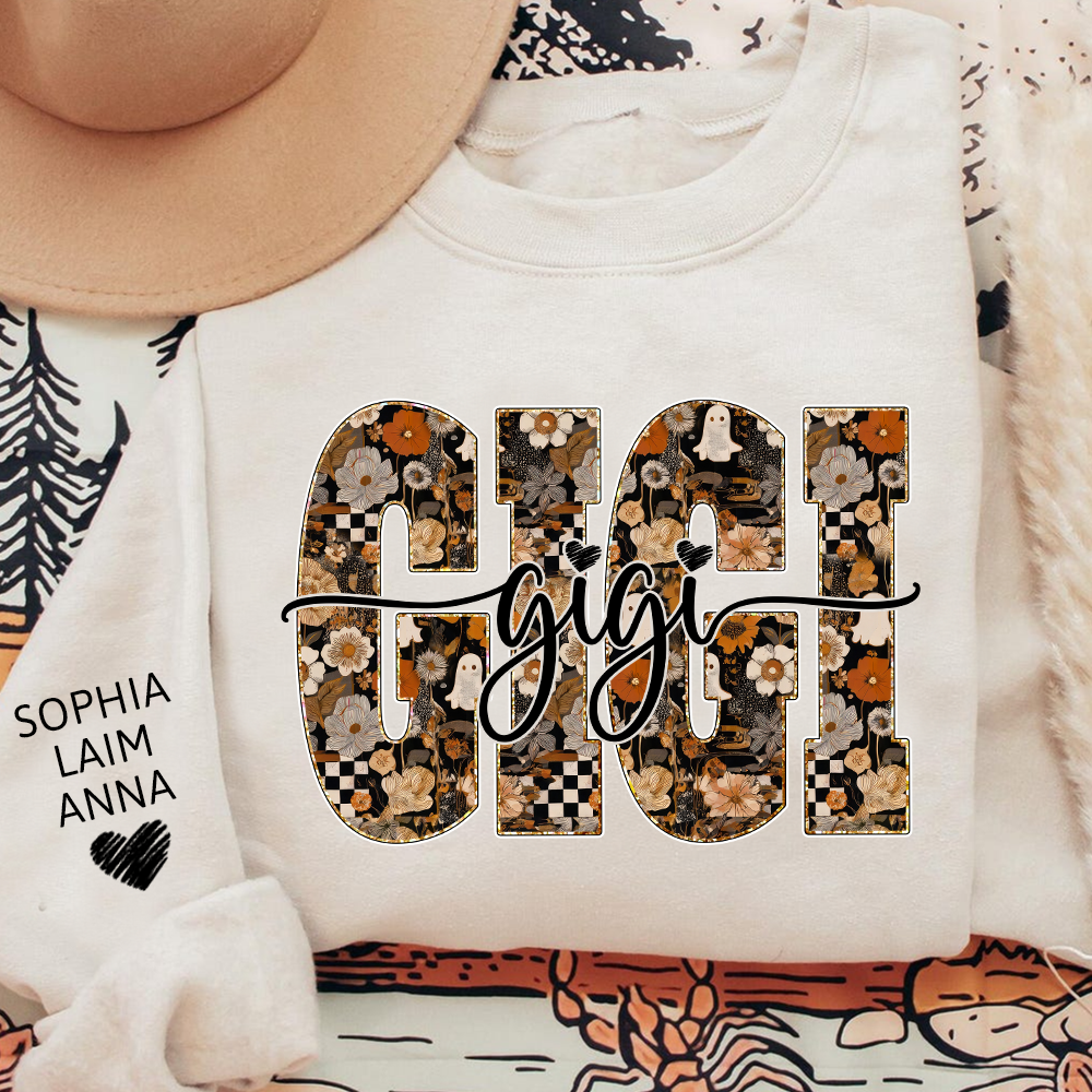 Personalized Gigi Spooky Halloween Sweatshirt with kids’ names on sleeves, Give Family