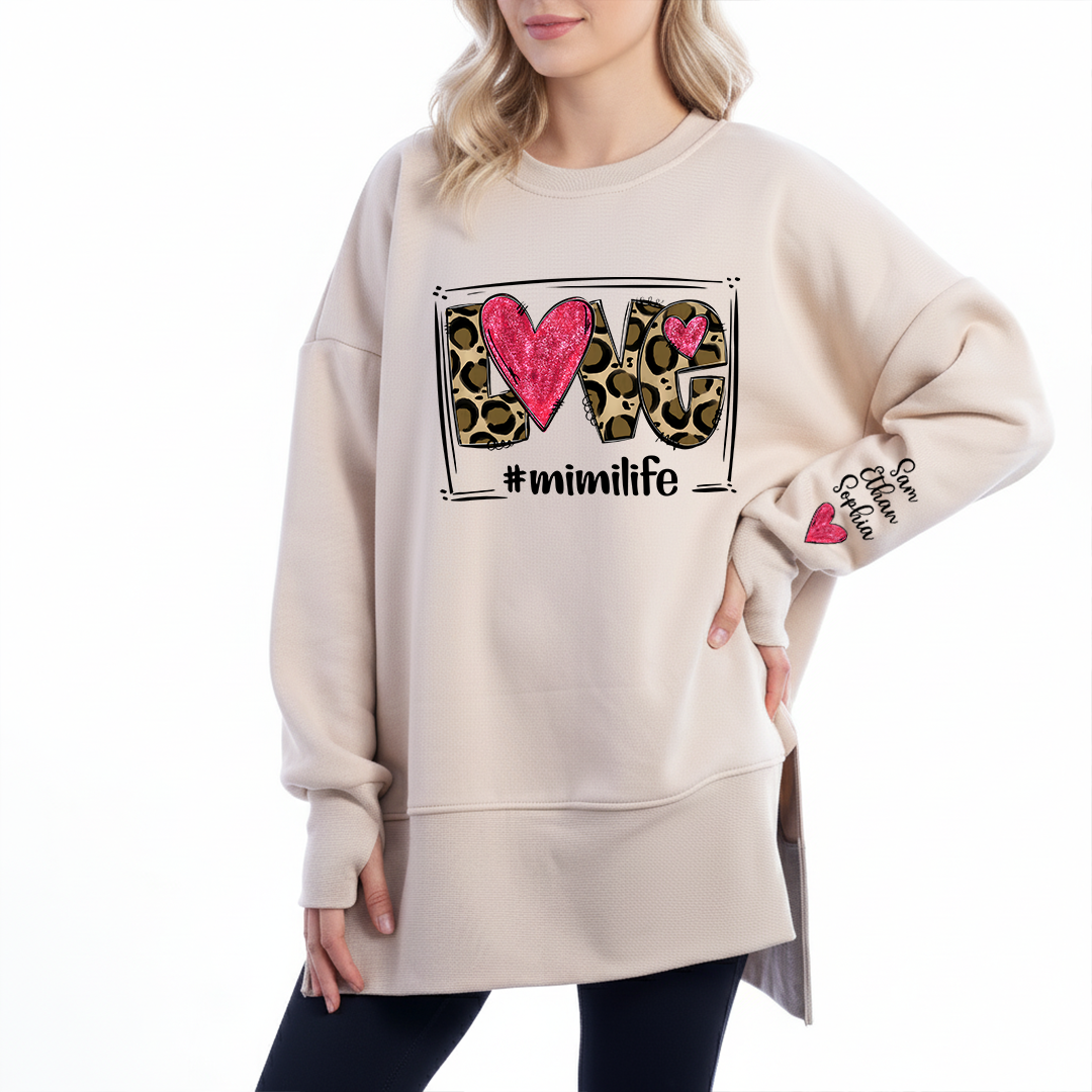 Personalized Mimi Life Oversized Sweatshirt with Leopard Heart Graphic, Custom Grandma Names on Sleeve, Cozy Relaxed Fit Pullover for Mimi, Stylish Family Inspired Apparel for Women
