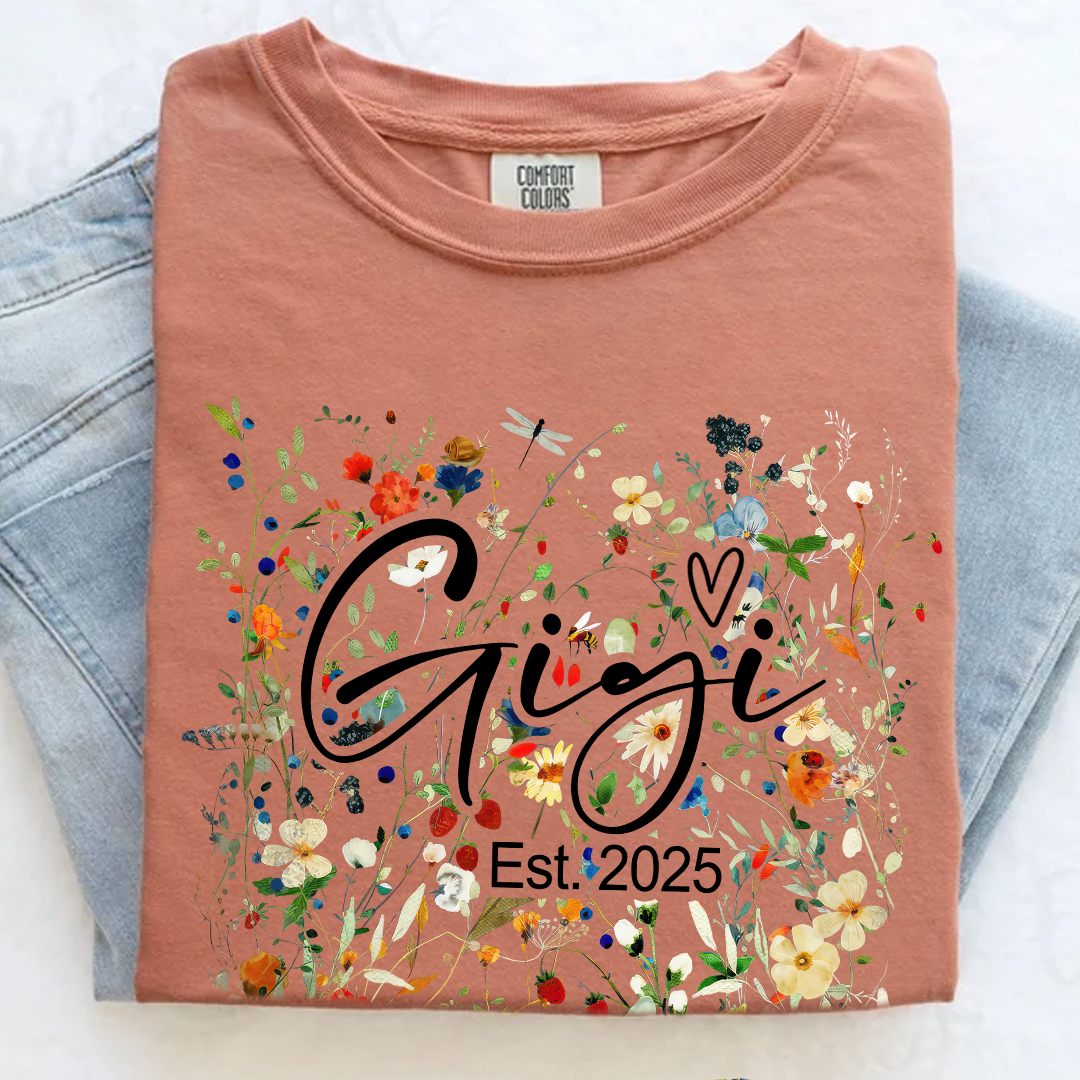 Comfort Colors® Gigi Est Wildflower T-Shirt, Custom Grandma With Grandkids Shirt