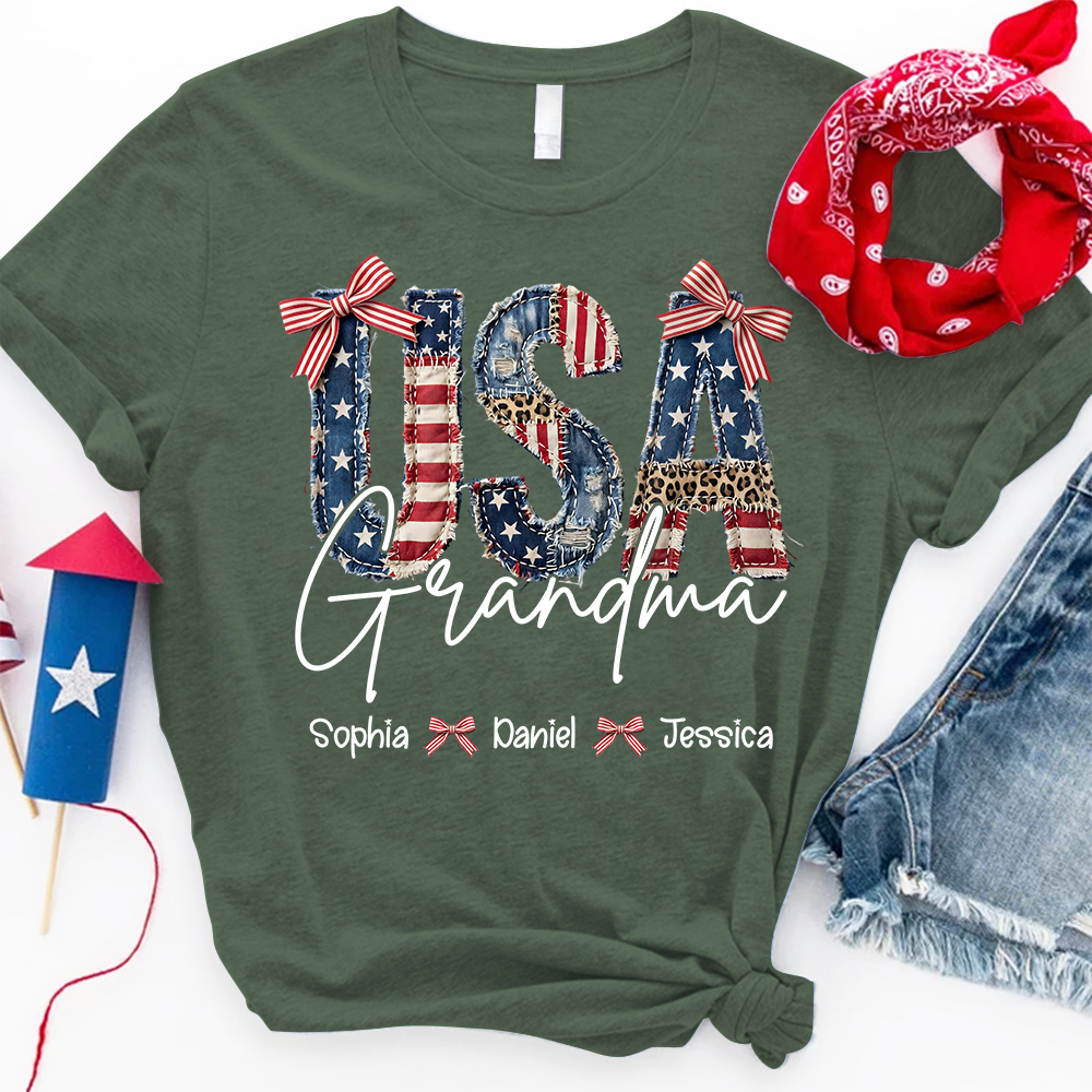 Custom Grandma T Shirt with Grandchildren Names Vintage USA Flag Patchwork Shirt Personalized Grandma Gift for Mom