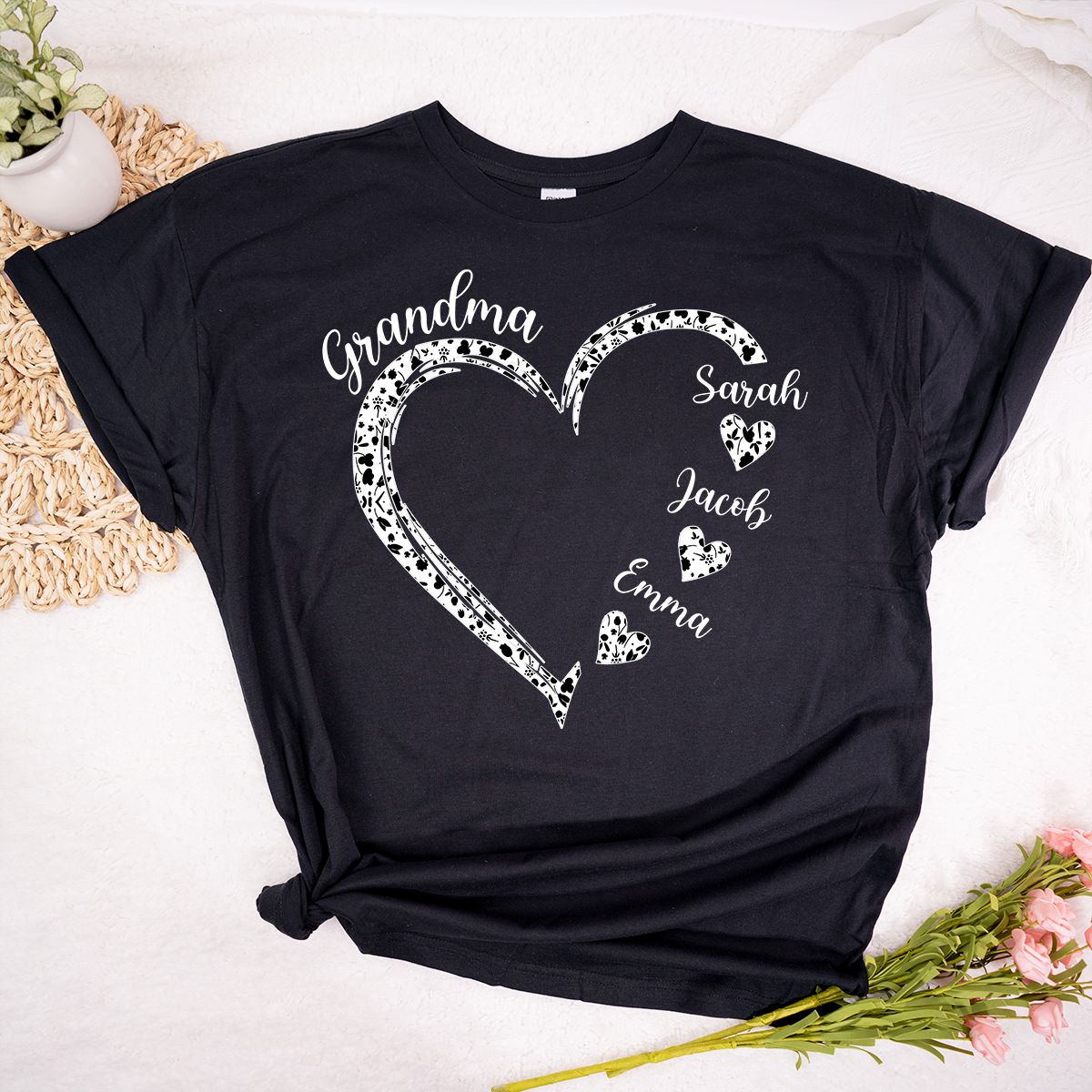Personalized Grandma Shirt with Grandkids Names, Custom Heart Grandma T Shirt Gift