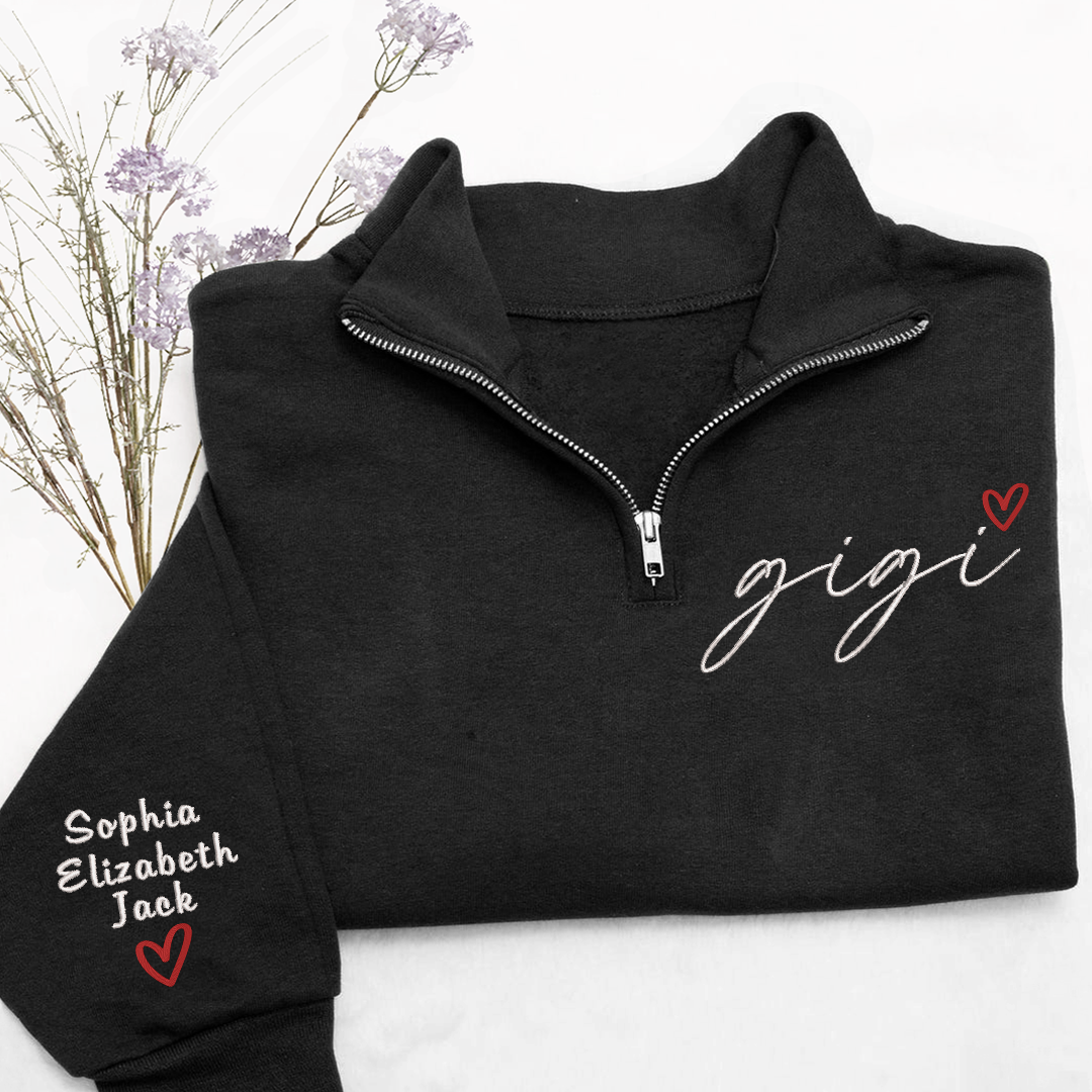 Personalized Hand Embroidered Gigi Est Sweater, Gift for Grandma and Kids Quarter Zip Sweater
