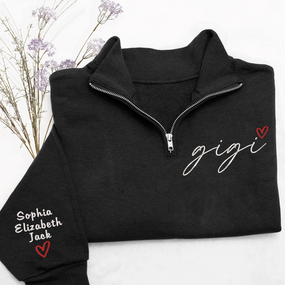 Personalized Hand Embroidered Gigi Est Sweater, Gift for Grandma and Kids Quarter Zip Sweater